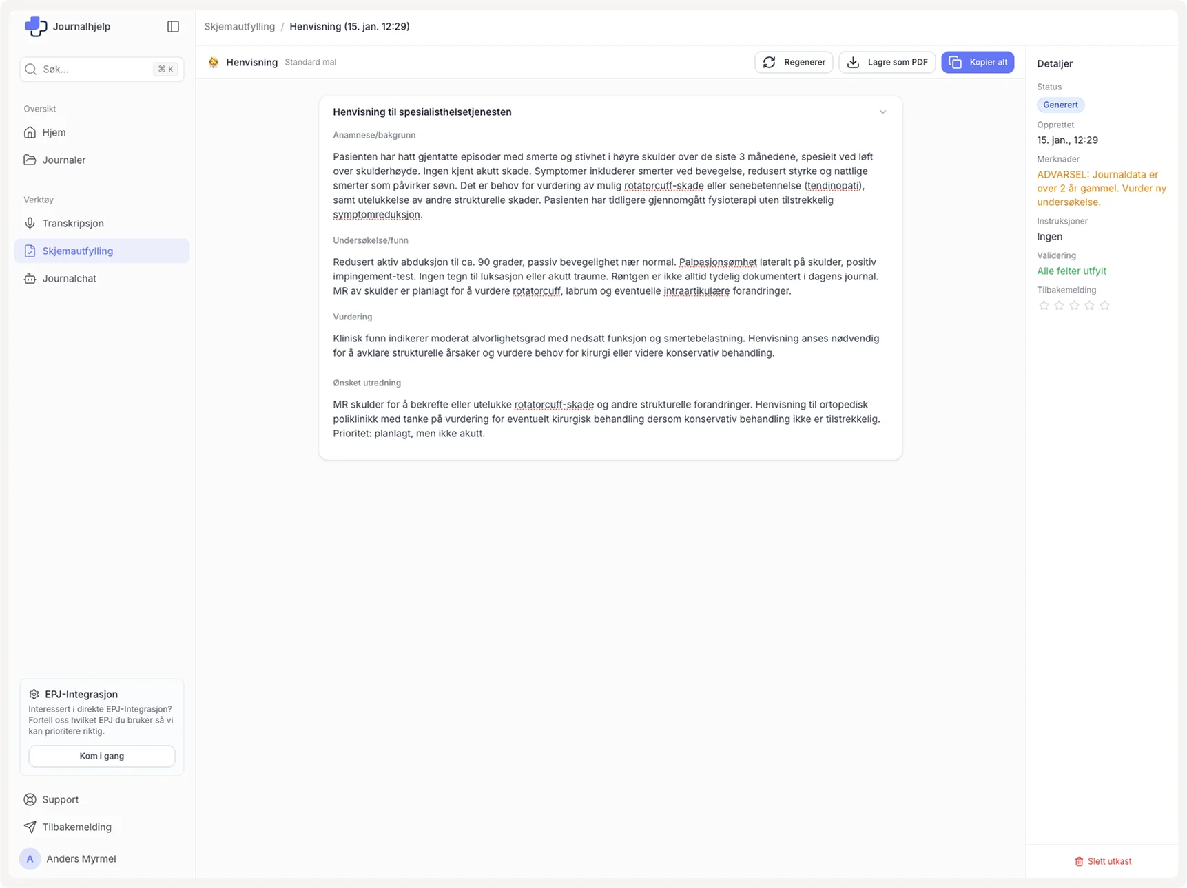 Henvisning til spesialist skjema i Journalhjelp