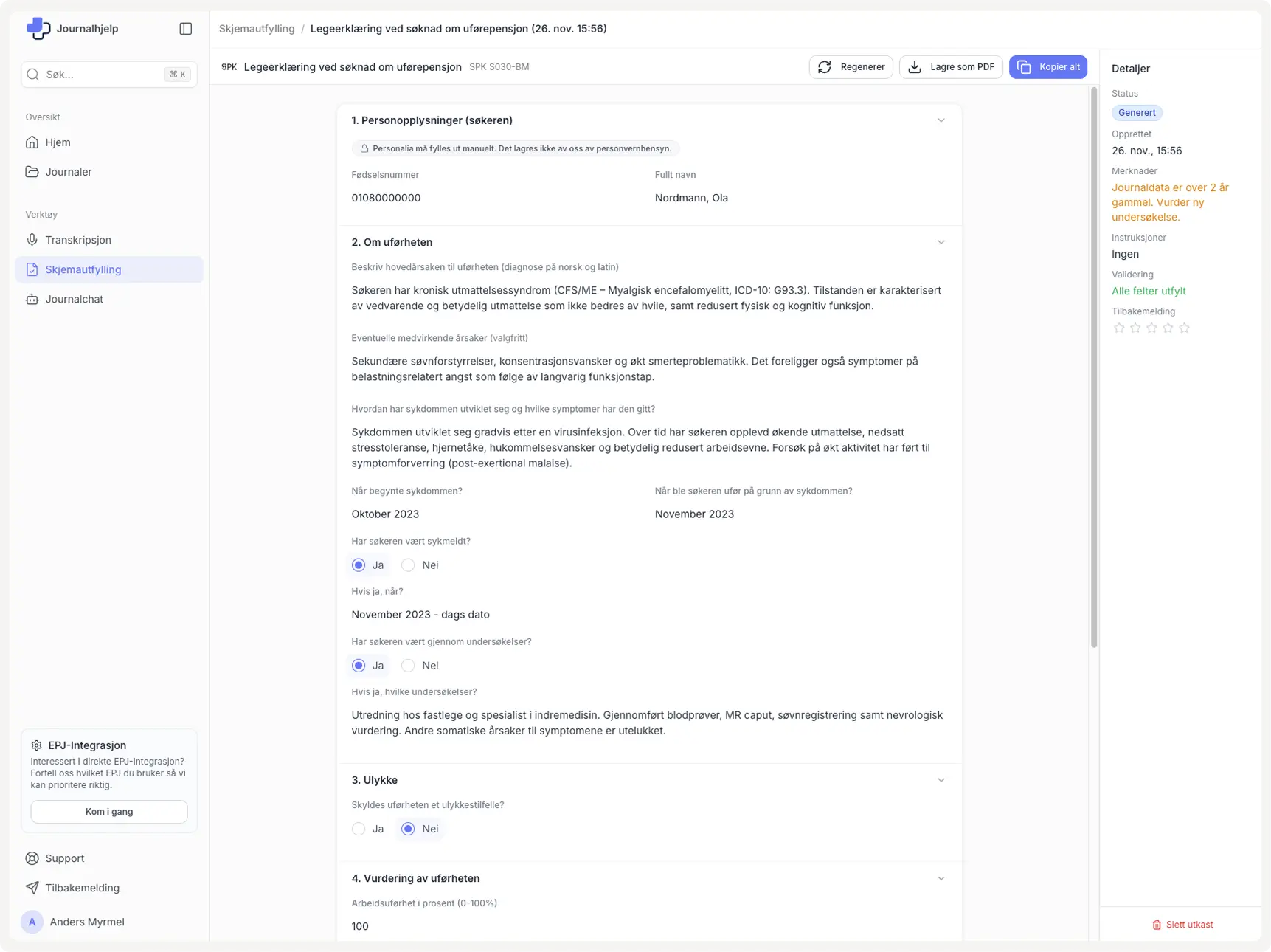 SPK uførepensjon skjema i Journalhjelp