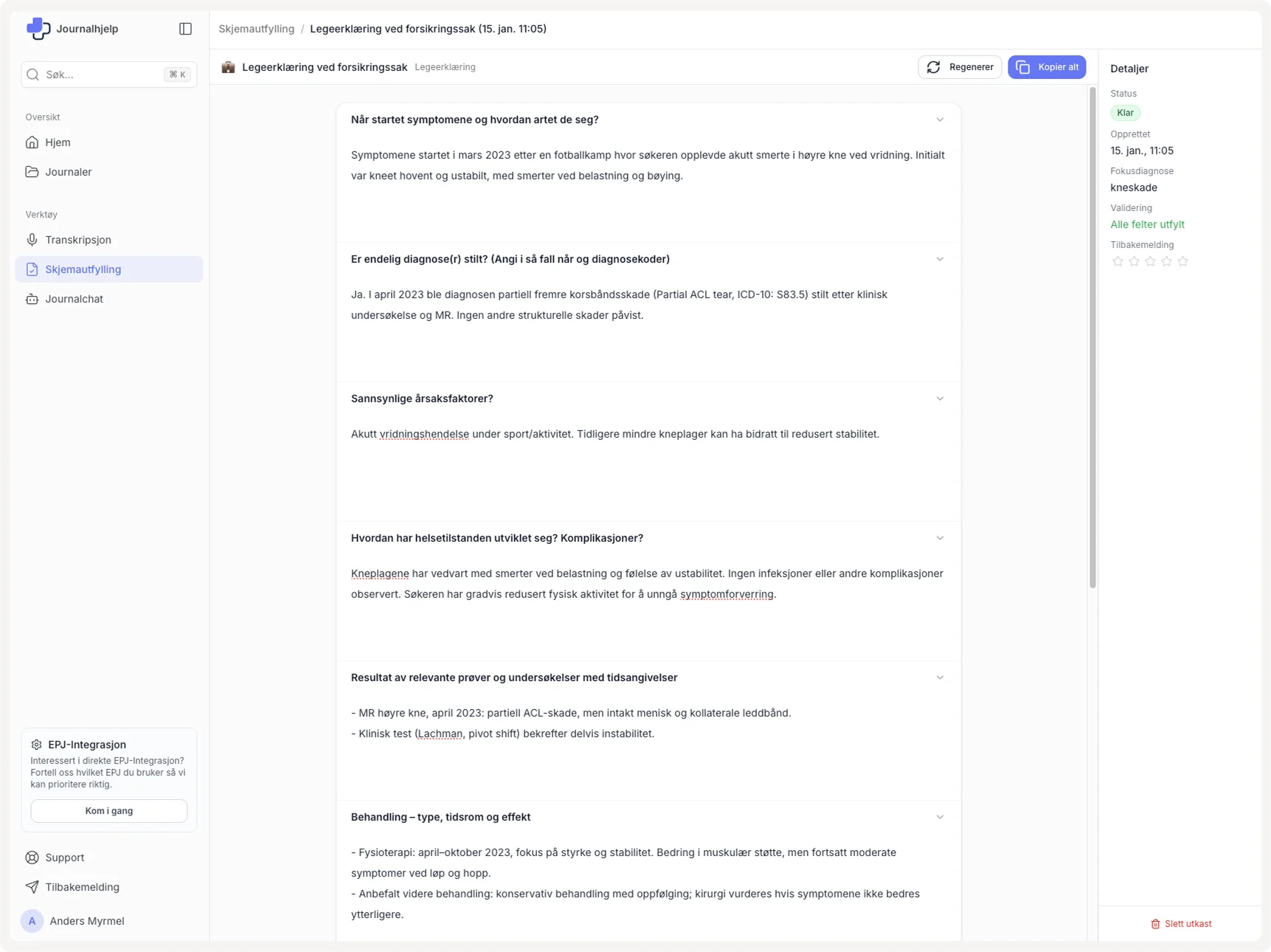 Legeerklæring til forsikring skjema i Journalhjelp