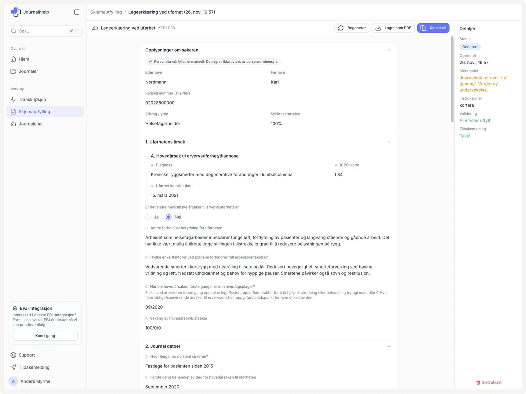 KLP uførepensjon skjema i Journalhjelp