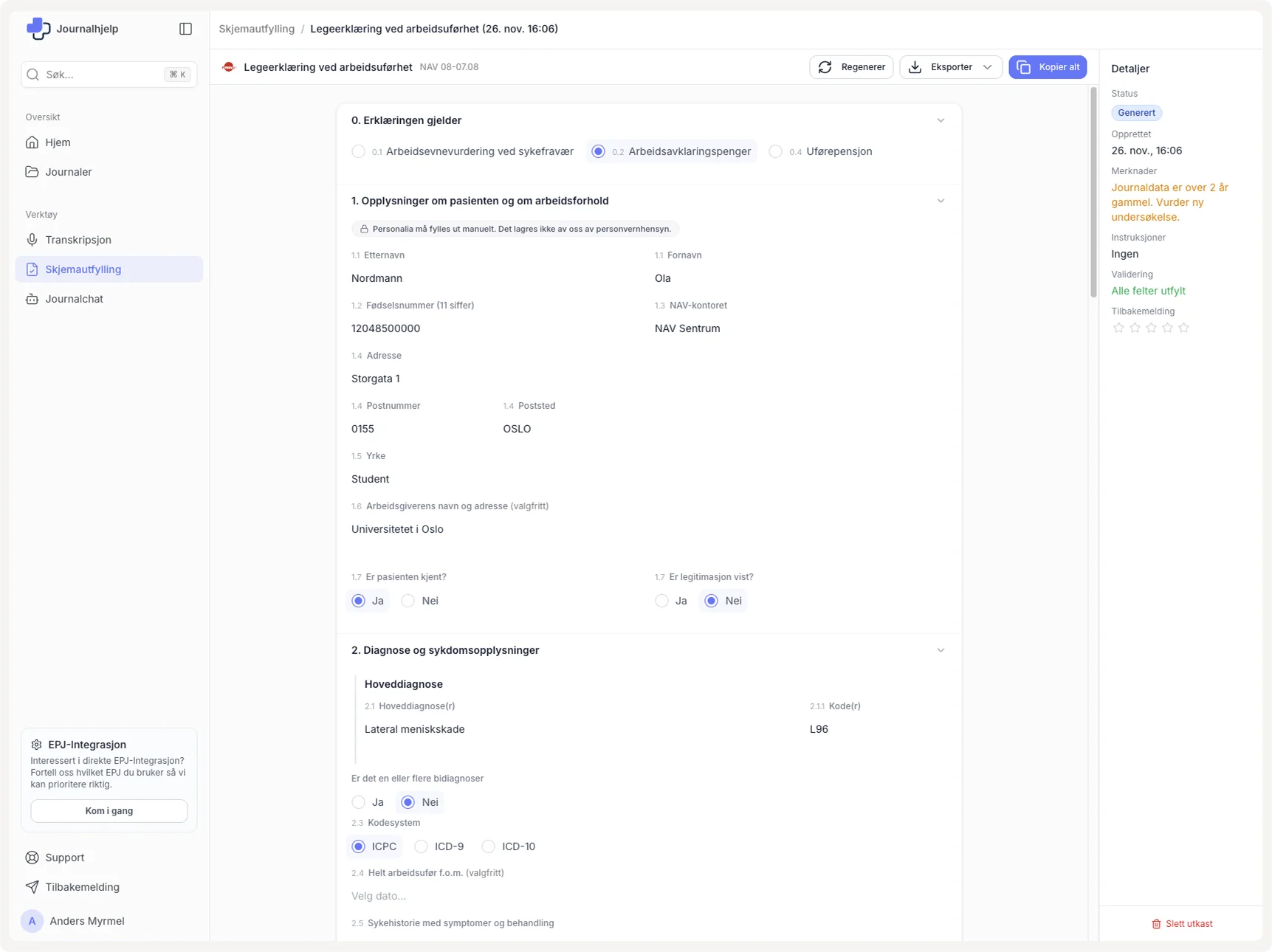 Legeerklæring ved arbeidsuførhet skjema i Journalhjelp