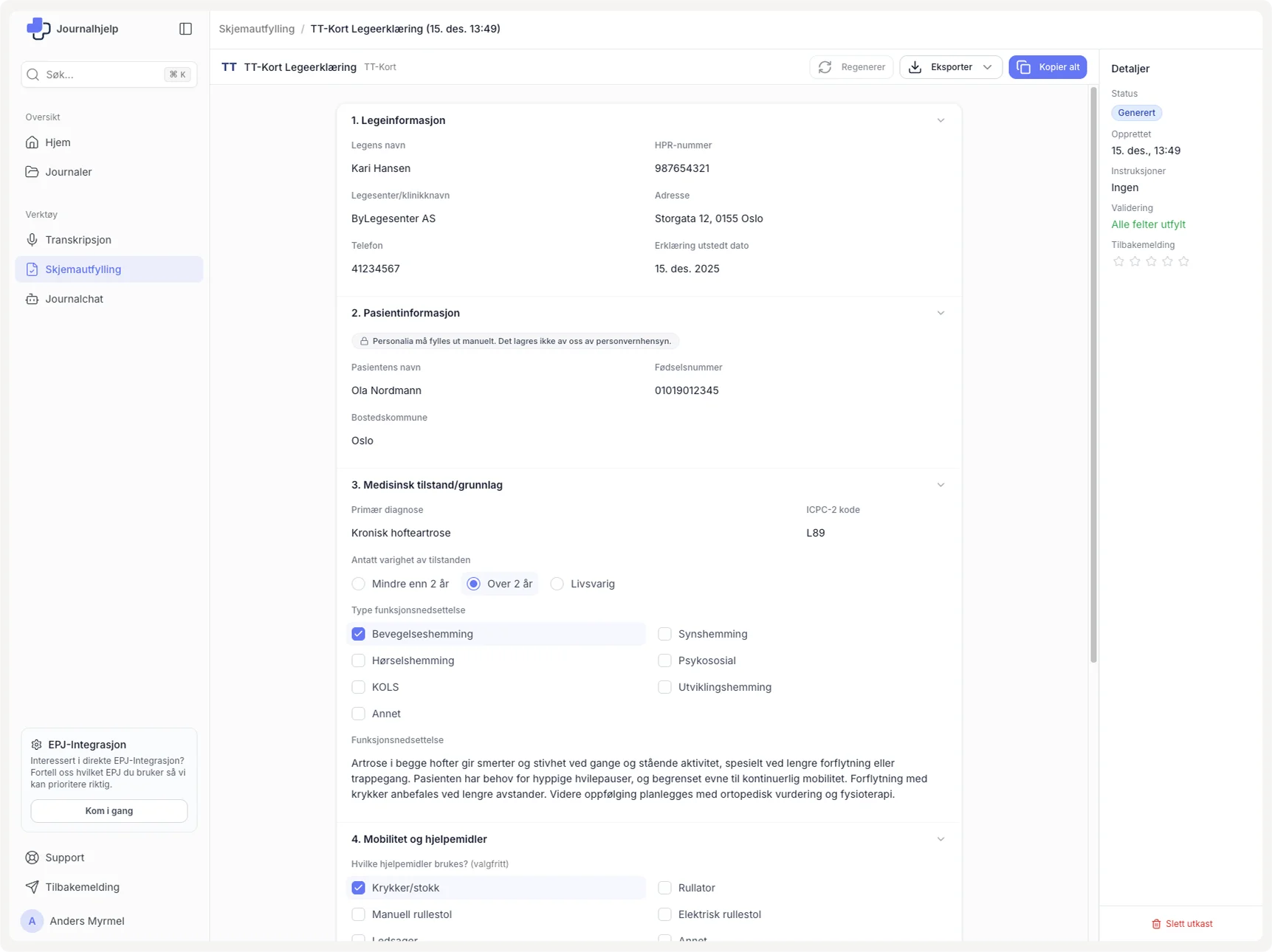 TT-kort legeerklæring skjema i Journalhjelp