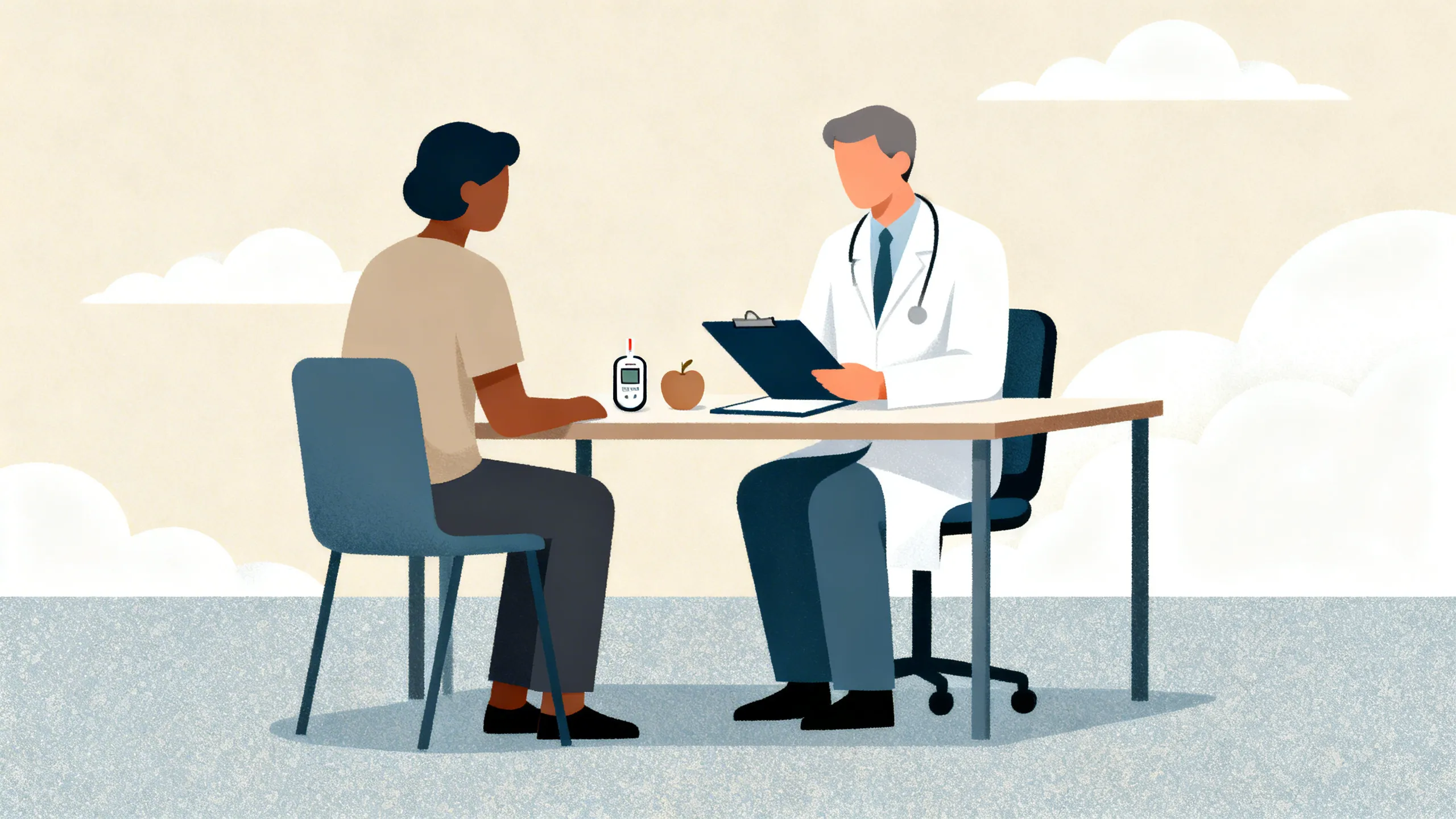 Illustrasjon av fastlege som sitter ved skrivebord med pasient og ser på prøvesvar
