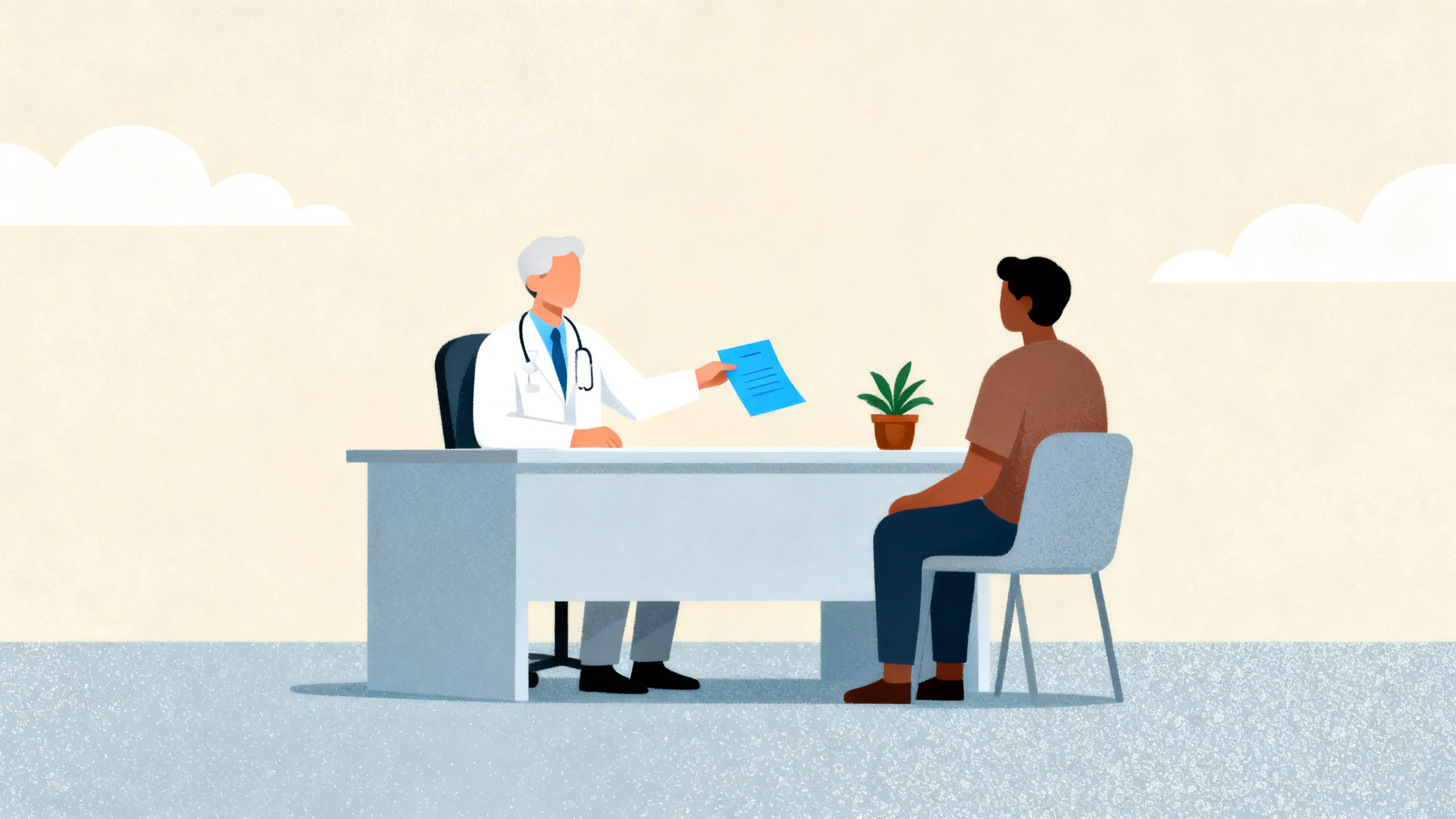 Illustrasjon av lege som sitter ved skrivebord og leverer et dokument til en pasient