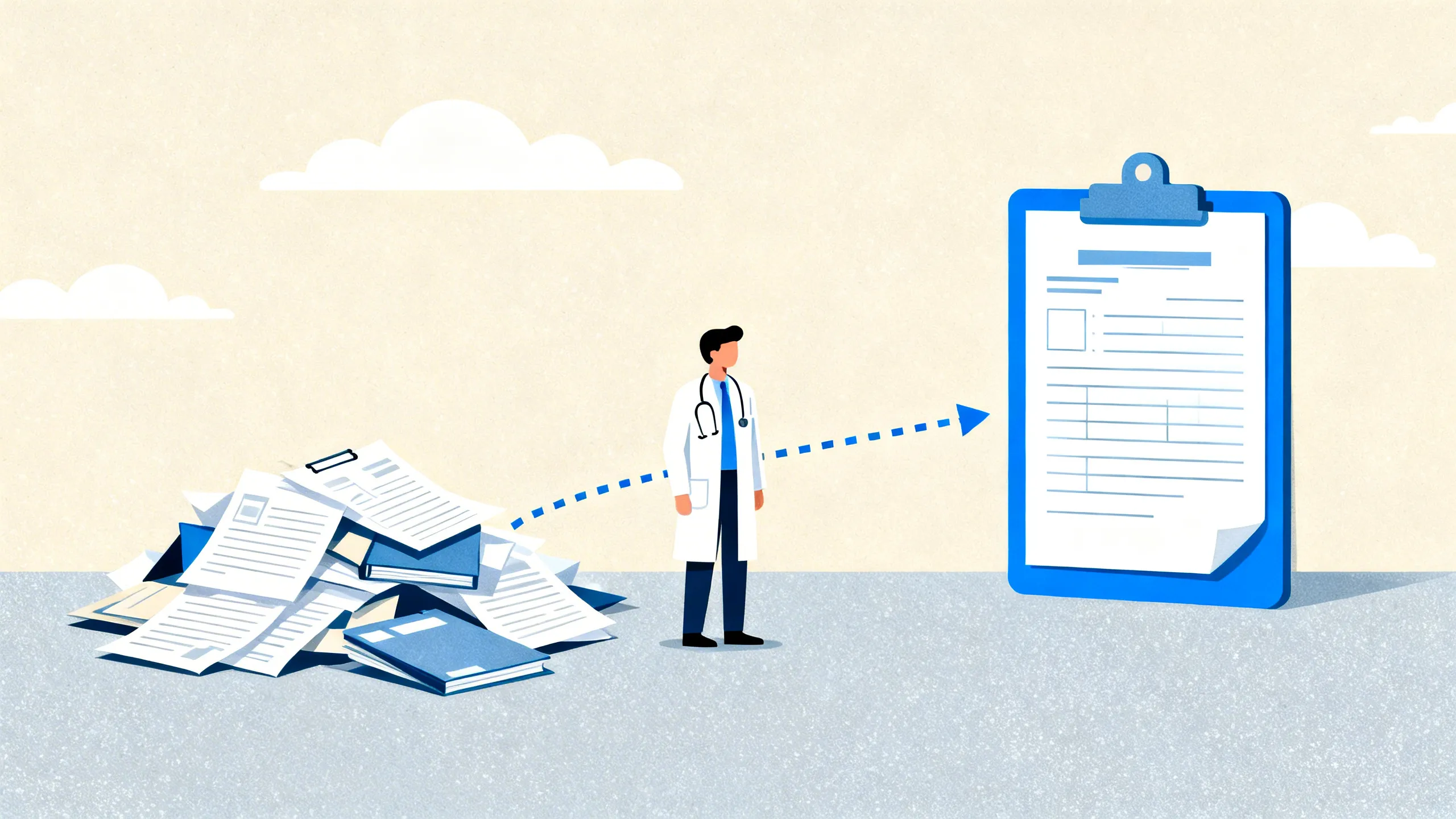 Illustrasjon av lege som leter gjennom journaldokumenter for å skrive en legeerklæring