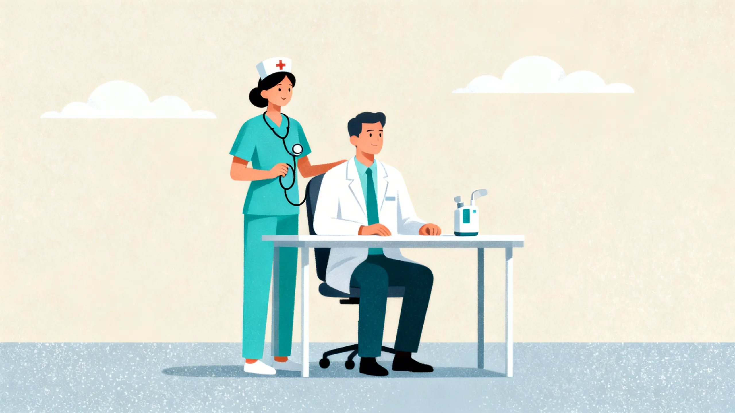 Lege som sitter ved skrivebord med stetoskop og ser på en enkel sjekkliste