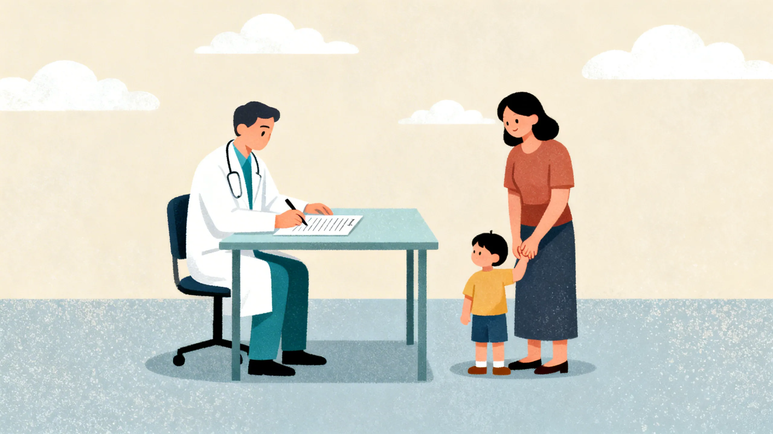 Illustrasjon av fastlege ved skrivebord som skriver et dokument, med en familie som sitter på den andre siden