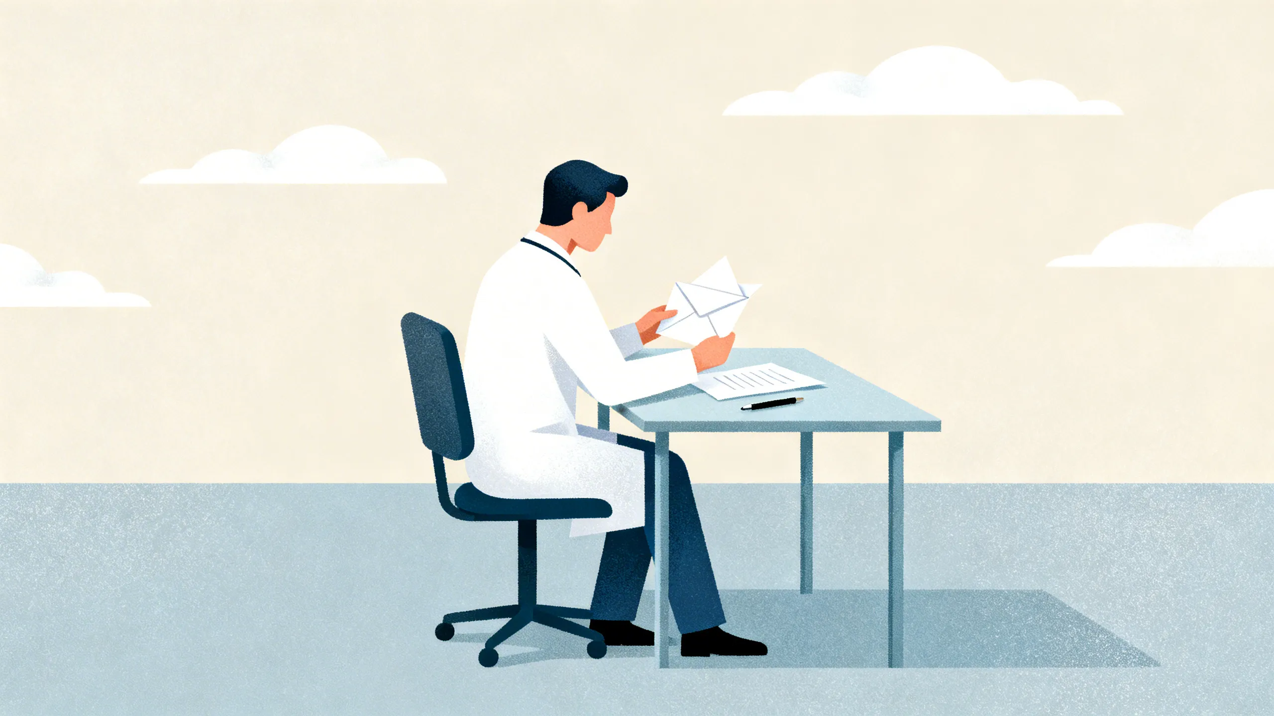 Lege som sitter ved skrivebord og leser et brev