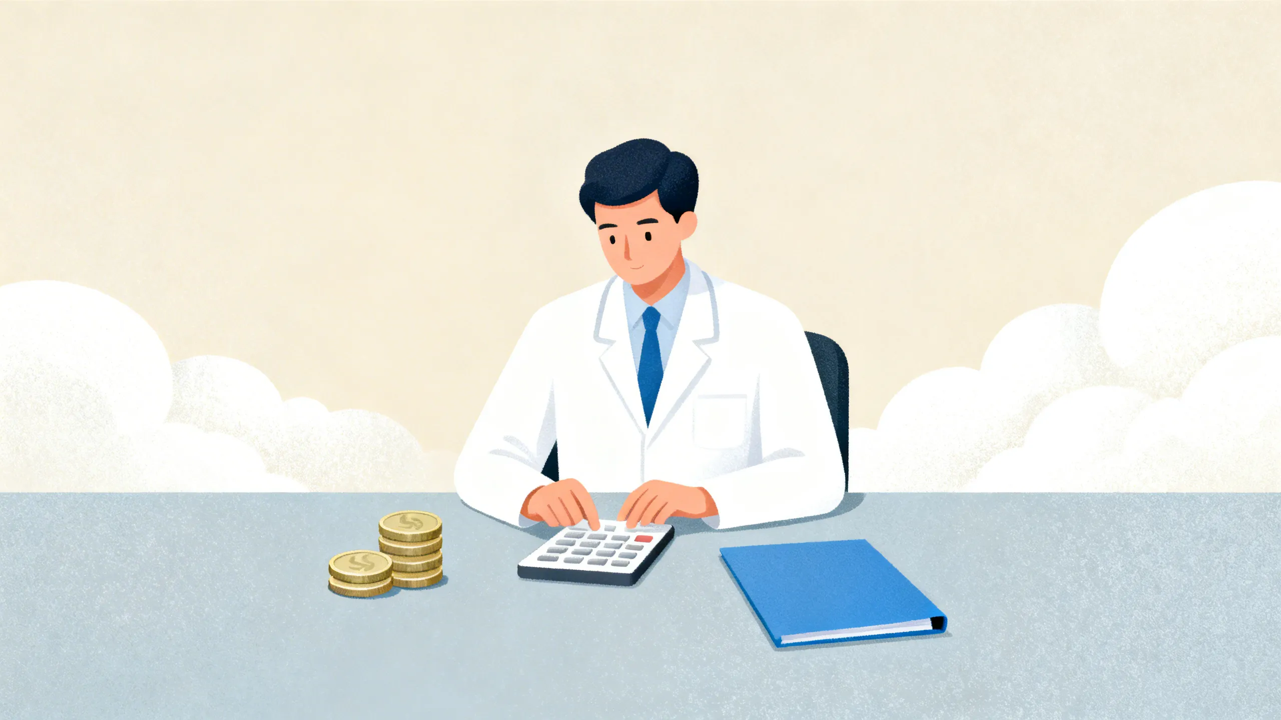 Fastlege som sitter ved skrivebord med kalkulator og dokumenter