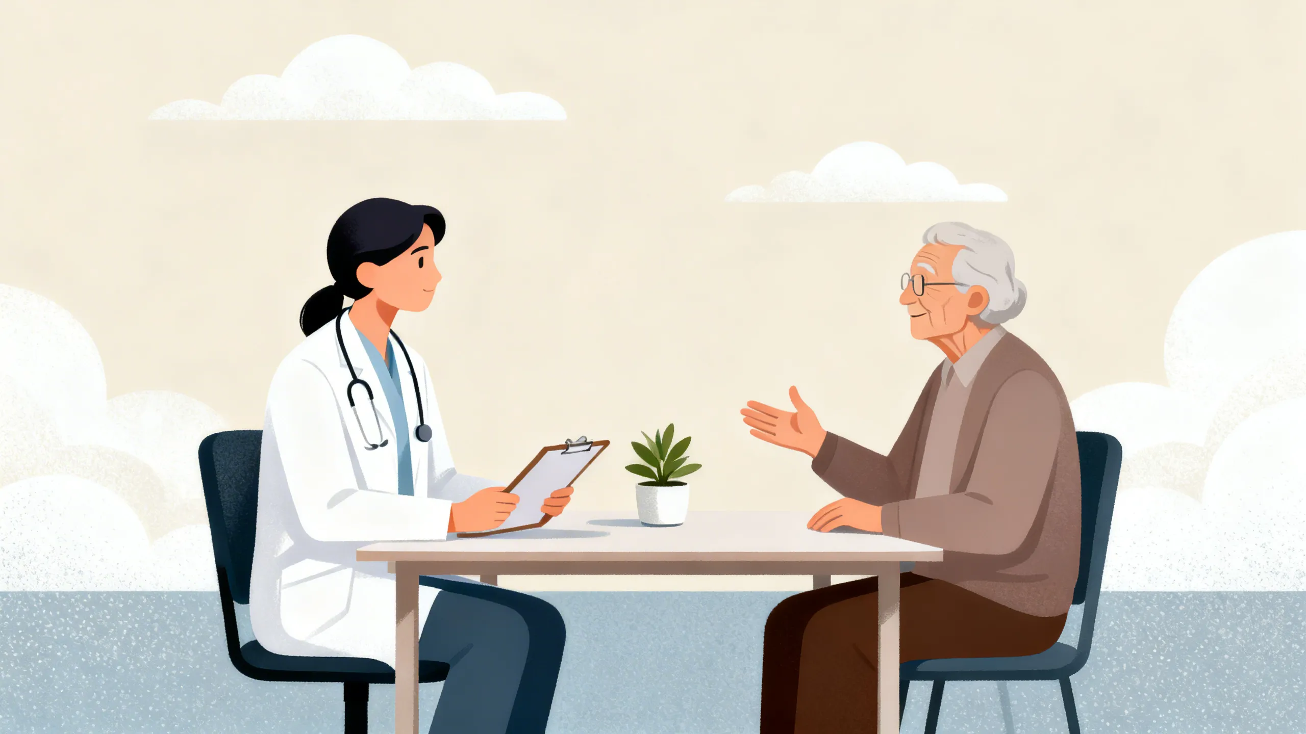 Illustrasjon av lege som sitter ved skrivebord i samtale med eldre pasient