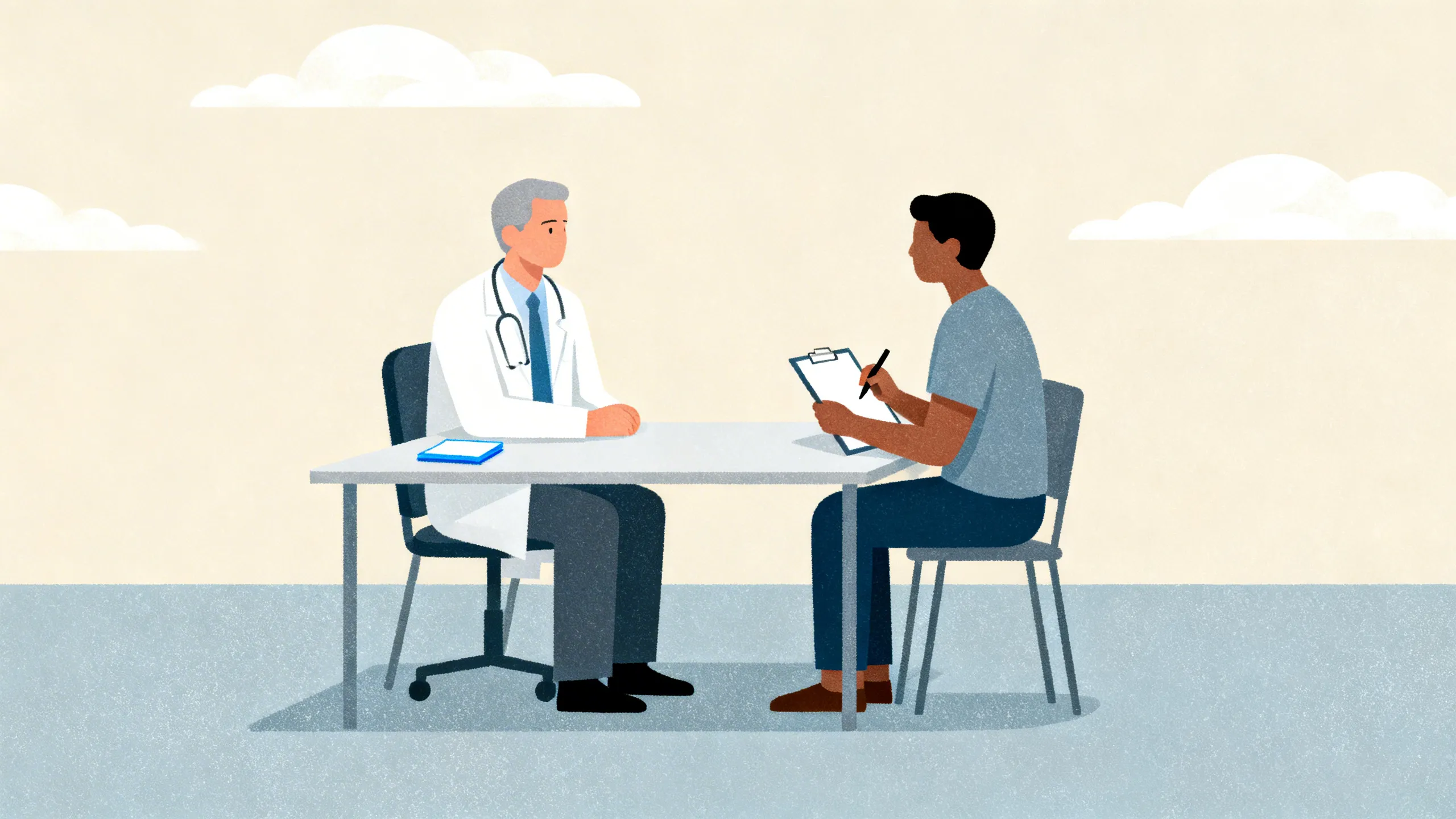 Lege som sitter ved skrivebord og ser på et enkelt skjema sammen med en pasient