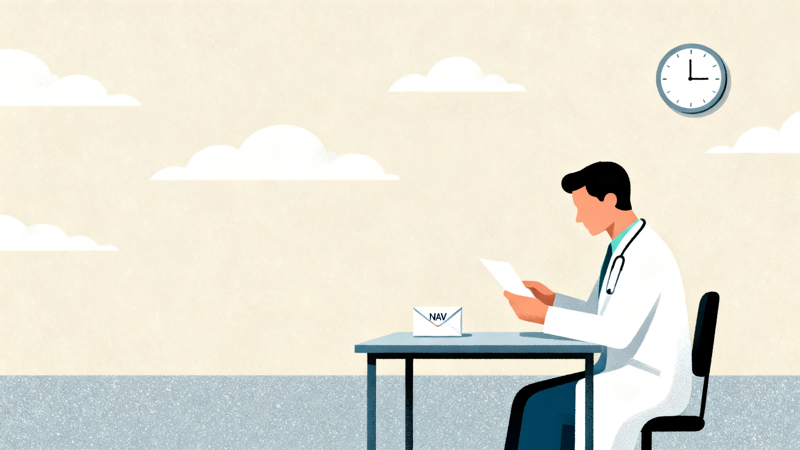 Illustrasjon av lege som mottar og svarer på brev fra NAV