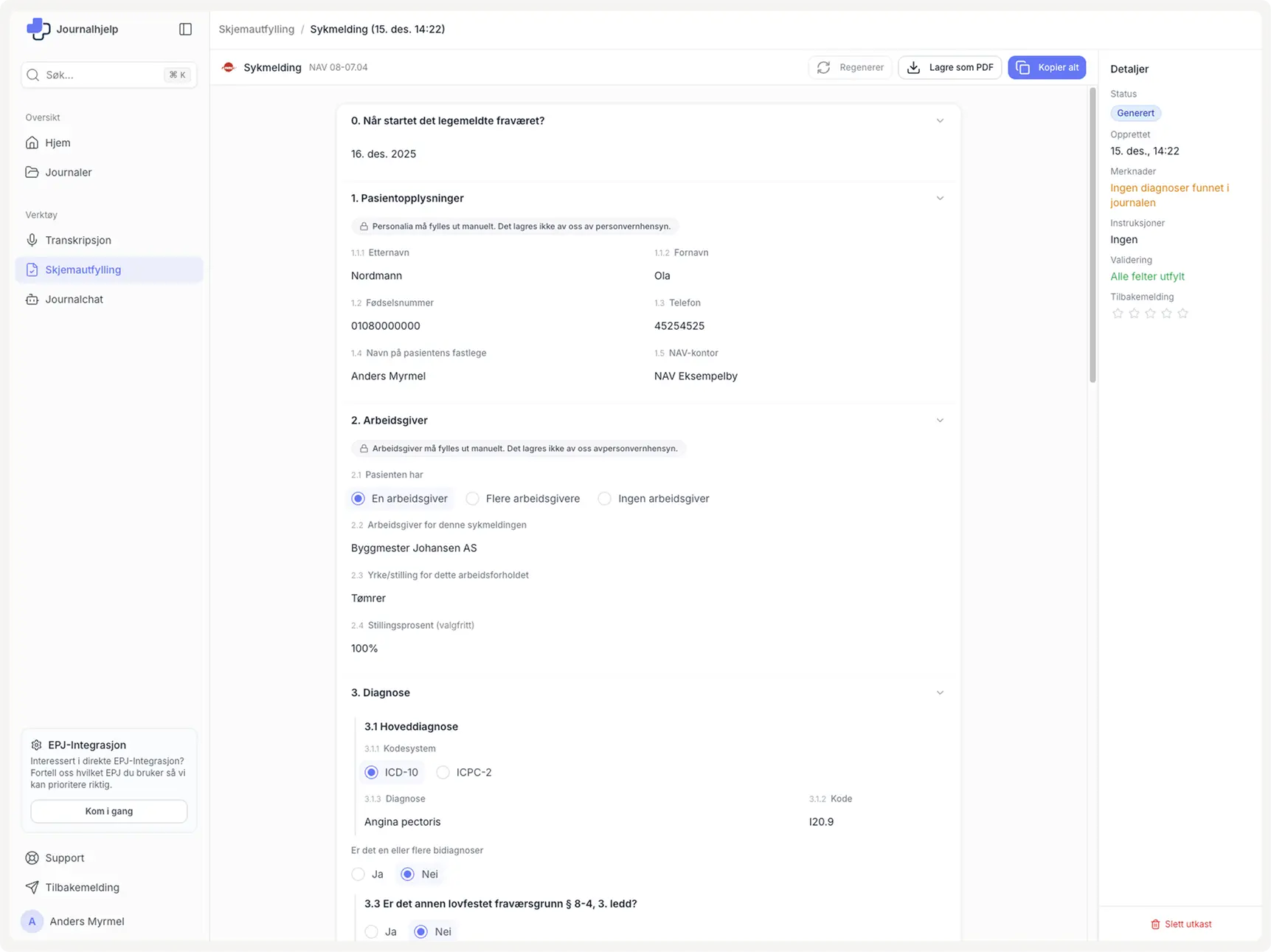 Sykmelding skjema i Journalhjelp